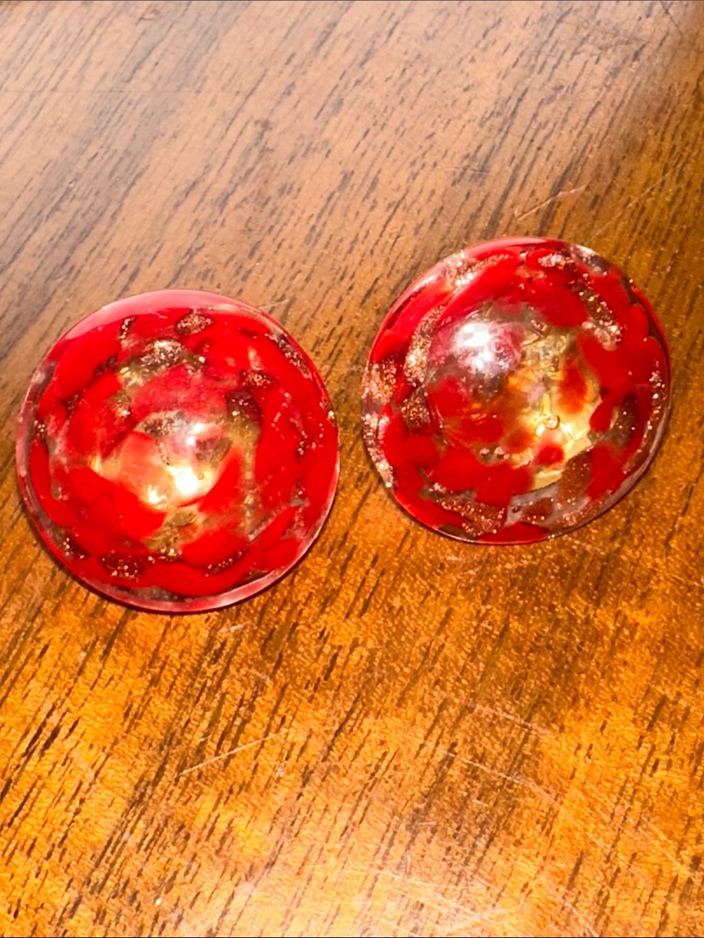 Vintage 50s/60s Red & Gold Confetti Art Glass Clip on Earrings